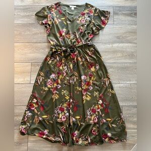Christopher & Banks Olive Green Floral Belted Dress